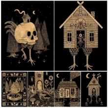 Baba Yaga Witch House Abstract Vintage Wall Art Canvas Painting Slavic Forest Witchcraft Cabin Art Poster Gift Optional Frame - Nhiều màu - Xem 1