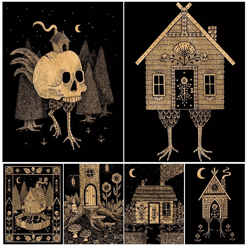 Baba Yaga Witch House Abstract Vintage Wall Art Canvas Painting Slavic Forest Witchcraft Cabin Art Poster Gift Optional Frame - Nhiều màu - Xem 1