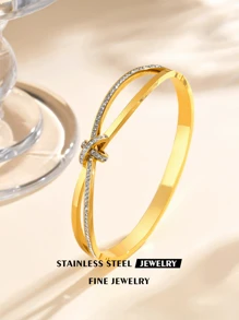 1pc Fashion Elegant Cross Diamond Knot Stainless Steel Electroplated 18k Gold Ladies Bracelet, Suitable For Daily And Banquet Wear.