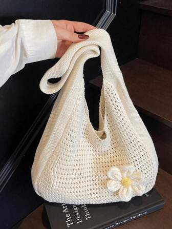 1pc 2025 Spring/Summer New Arrival, Large Capacity Woven Bag, Fashionable Simple Nature Style, Beach Bag, Vacation Vibe, Hollow-Out Design, Woven Floral Decor, Suitable For Daily Use, Work Commute, Shopping, Dating, Women Shoulder Bag