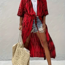 Local Delivery- [Tie Dye Women's Kimono Swimsuit] Stylish Tie Dye Open Front Long Kimono Swimsuit Cover Up For Women - [紅色的] - 查看 1