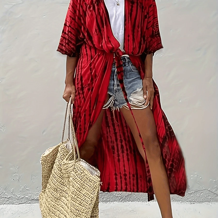Local Delivery- [Tie Dye Women's Kimono Swimsuit] Stylish Tie Dye Open Front Long Kimono Swimsuit Cover Up For Women - [紅色的] - 查看 1