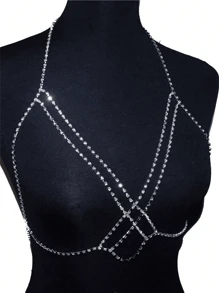 1pc Sexy Criss-Cross Chest Chain For Women, Shiny Jewelry Crystal Body Chain, Lingerie Accessory For Beach Party And Nightclub