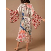 Local Delivery- [Peacock Print Kimono Cardigan] Plus Size Peacock Print Kimono Cardigan - Summer Swimsuit Cover Up For Women Long Bathing Suit Coverup - 白色 - 查看 4