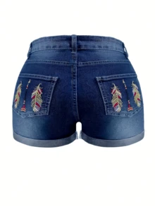 女士弹力牛仔短裤，饰以羽毛刺绣 - 西部休闲夏季款 - 中等水洗藍 - 查看 5