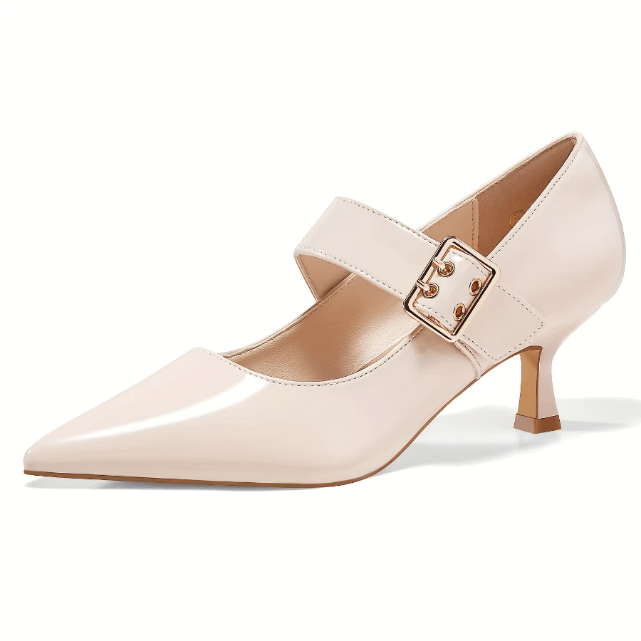 Local Delivery [Kitten Heels Shoes] Kitten Heels Mary Jane Shoes | Women's Closed Pointed Toe Dress Shoes Buckled Work Office Heels - 杏色 - 查看 1