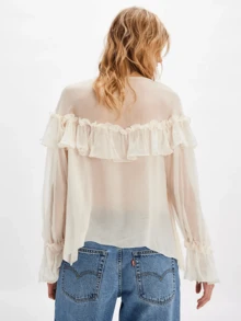 Women's Y2K Tie Front Sheer Mesh Ruffle Blouse Long Sleeve V Neck See-Through Peplum Flowy Loose Fit Chiffon Shirts Tops Summer Beach Vacation Boho Coquette Shirt Top Streetwear - 白色 - 查看 7