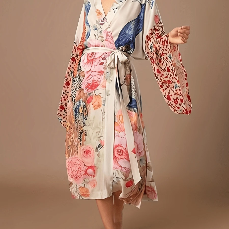 Local Delivery- [Peacock Print Kimono Cardigan] Plus Size Peacock Print Kimono Cardigan - Summer Swimsuit Cover Up For Women Long Bathing Suit Coverup - 白色 - 查看 1