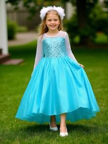 Young Girl Blue Scale Pattern Long Sleeve Trailing Party Dress - Multicolor - View 4