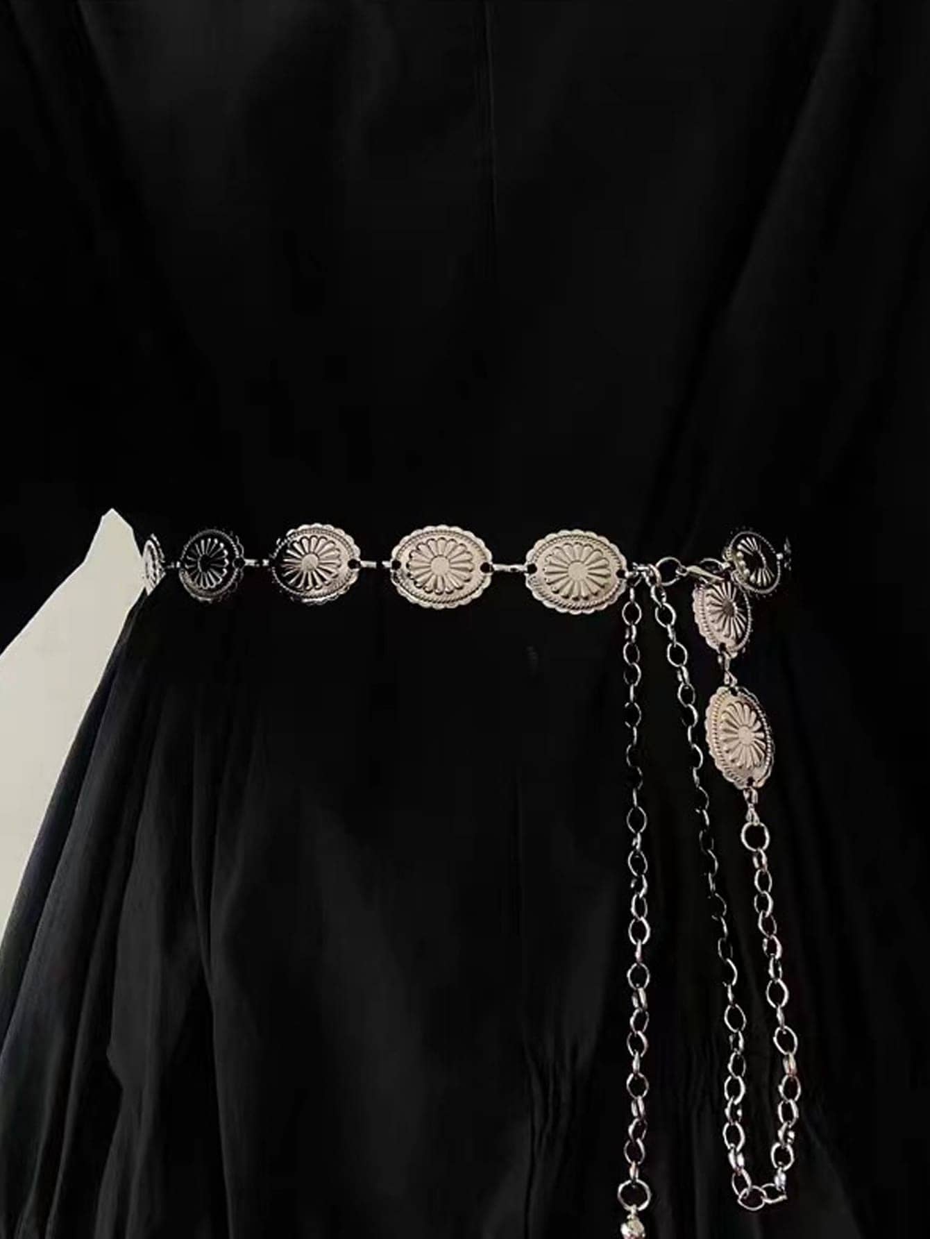 1 件女士银色椭圆形金属合金超长腰链，高端金属链腰带，百搭装饰，适合连衣裙、西装、服装和欧式夏季、学校