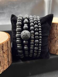 Set de 5 piezas de pulseras elásticas apilables negras hechas a mano con cuentas, joyas de moda para hombre y mujer de estilo punk gótico brillante para fiestas, vacaciones y regalos