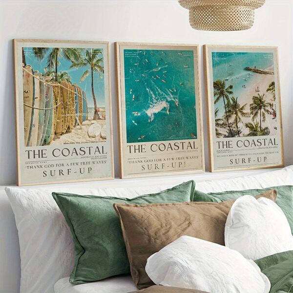 1/3PCS Optional Frame Coastal Summer Beach Canvas Wall Art Prints - Retro Surfing Theme Posters Collection, Living Room Tropical Beach Landscape Wall Decoration - Indoor Sea View Canvas Wall Arts - Suitable For Beach Enthusiasts And Home Decoration Enthusiasts - Perfect Gift For Home And Summer