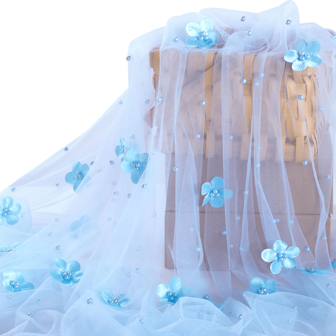 32*118.11 Inches Blue Pearl Tulle Table Runner With 3D Flowers For Wedding Irthday Party Decorations