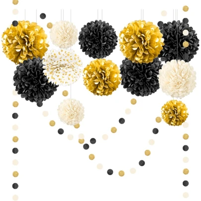 14pcs Black & Gold Party Decorations - Paper Flower Balls Set, Suitable For New Year, Wedding, Birthday, Engagement, Graduation Party Decor