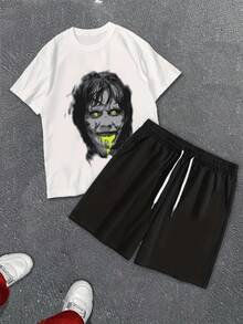 Men's Graphic Tee Spooky Glowing Eyes Monster Face  Summer Casual Short Sleeve Crew Neck TShirt For Men's Fashion - 白色 - 查看 1