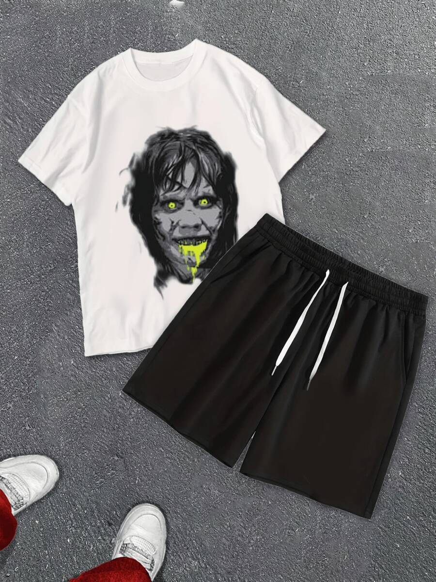 Men's Graphic Tee Spooky Glowing Eyes Monster Face  Summer Casual Short Sleeve Crew Neck TShirt For Men's Fashion - 白色 - 查看 1