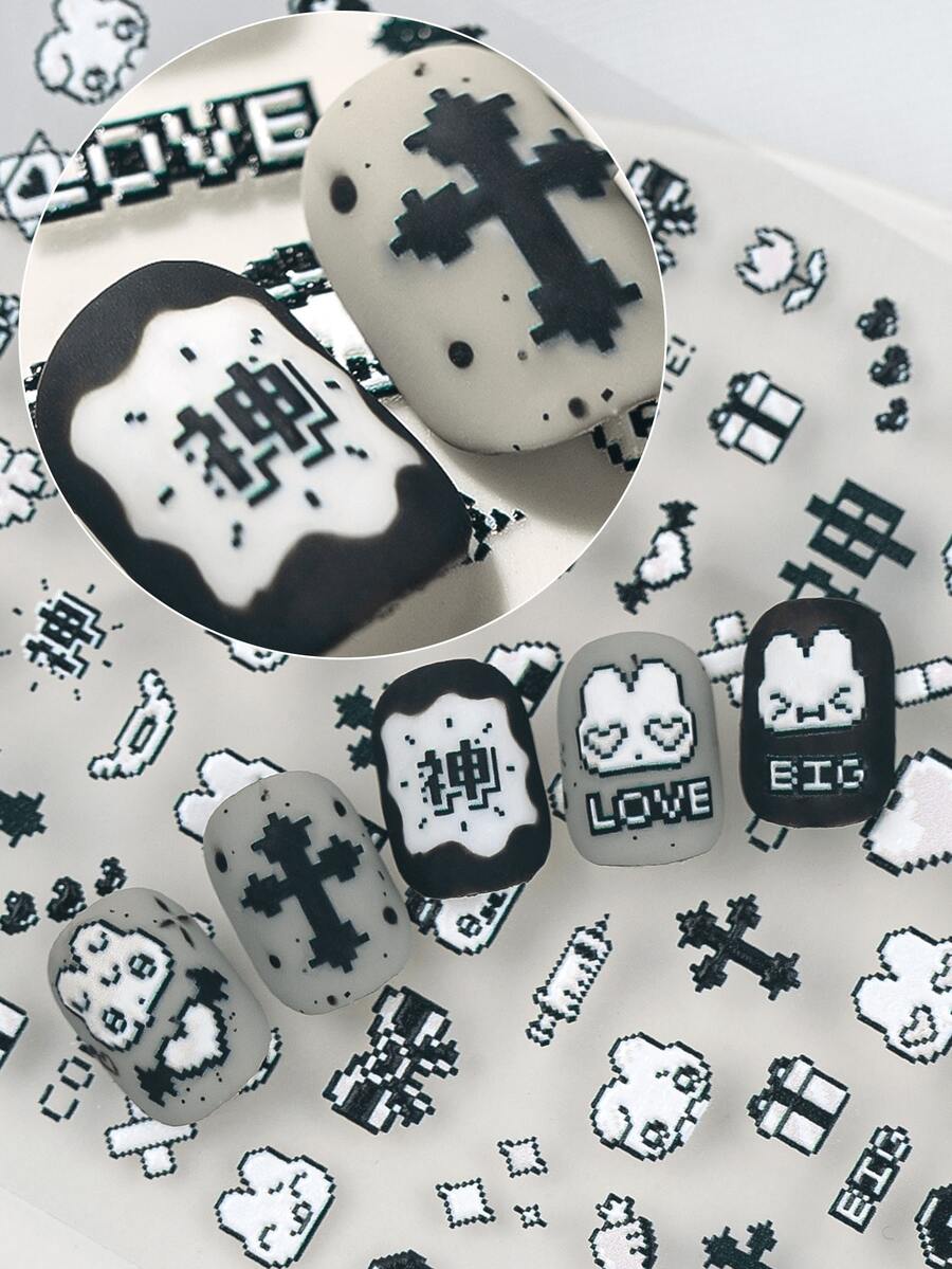 最新像素风格日式美甲贴纸，带有浮雕卡通可爱俏皮的兔子图案，适合个人 DIY 和美甲沙龙使用