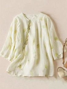 Blusa holgada de manga 3/4 con estampado floral aleatorio para mujer, elegante y estilizadora, ideal para primavera/verano