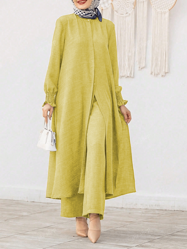 Round Neck Solid Color Casual & Comfortable 2pcs Set: Cardigan Top And Elastic Waist Pants, Elegant For Garden Party, Commuting, Suitable For Spring, Summer & Autumn