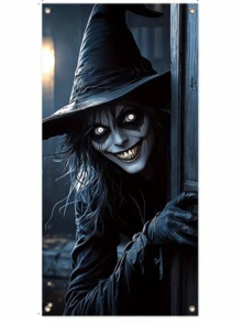 女巫门罩 - 万圣节前门装饰，鲜艳的聚酯横幅，适合家庭聚会、鬼屋和季节性庆祝活动，适合万圣节