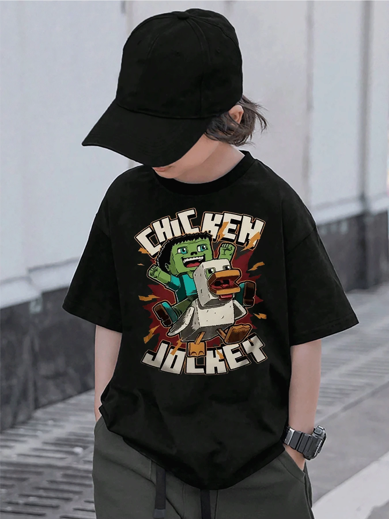 Boy's Cool Graphic Tee Shirt  Style Chicken Jockey Print Fun Summer Casual Top For Kids  Unique Cartoon Design Short Sleeve TShirt
