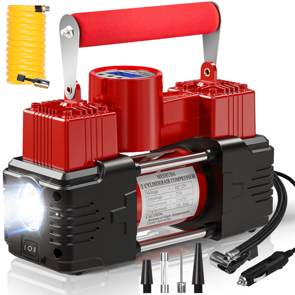 Compresor de aire portátil Meshuba, inflador de neumáticos con apagado automático y pantalla digital, de doble cilindro de alta resistencia con luz de emergencia, bomba de neumáticos de 12V hasta 150 PSI para automóviles, SUV, todoterreno, camiones y bicicletas