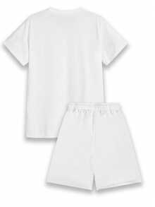 男士字母印花T恤和短裤休闲套装，夏季假日 - 白色 - 查看 3