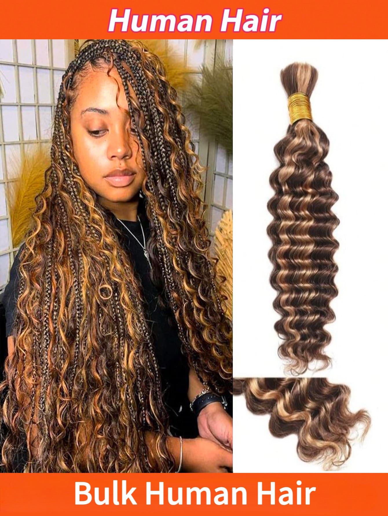 Deep Wave Human Hair Extensions Bulk Hair For Braiding Weaving Highlight Color For Women Raw Hair Curtains For Boho Styles - 間色和鋼琴色 - 查看 1