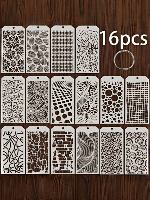 16 Peças Conjunto Reutilizável de Estênceis de Pintura - Vários Padrões Incluindo Favo de Mel, Tijolo, Mapa-Múndi, Rosa, Designs de Pele de Crocodilo para Artesanato DIY, Madeira, Paredes, Tela, Chão e Decoração de Móveis - Modelos Versáteis de Artesanato