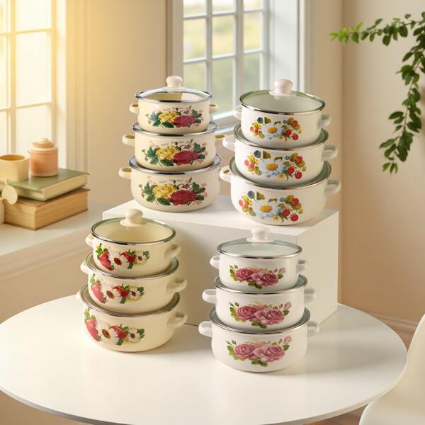 3pcs/Set 6.3, 5.5, 4.7 Inch Mini Enamel Casserole Pots With Lids, Stewpot, Boiler Pot, Serving Bowl, Beautiful Household Kitchen Cookware, Suitable For Gas And Electric Stove, Great Gift For Family And Friends