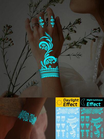 2 حبة وشم موقت أنيق أبيض مزخرف بالدانتيل للعروس يضيء في الظلام