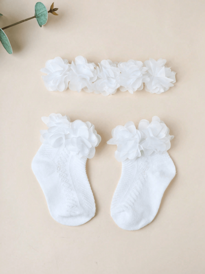 1 pieza Diadema de bebé con flor de gasa blanca + 1 pieza de calcetines calados para bebé