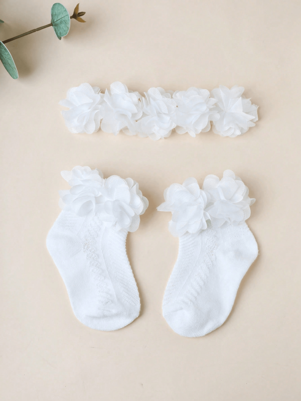 1 pièce Bandeau bébé en fleur de mousseline blanche + 1 paire de chaussettes bébé ajourées