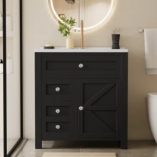 Furniwell 30"  Freestanding Bathroom Vanity Set With Resin Sink Top, 2-Drawer Wood Storage Cabinet / Soft-Close Door & Silver Metal Handles - màu đen - Xem 1