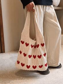 Women's Minimalist Large Capacity Heart Decor Knitting Weaving Shopping Bag, Casual Handbag And Travel Tote Bag