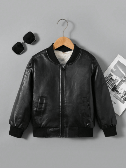 Chaqueta de motociclista de estilo versátil y de moda para niños preadolescentes, de piel sintética (PU) con forro térmico cálido de manga larga para otoño/invierno