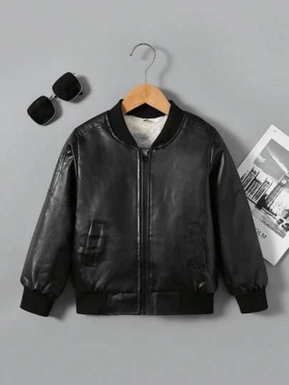 Tween Boy Fashionable & Versatile Motorcycle Style PU Leather Jacket, Boys Warm Thermal Lined Long Sleeve PU Coat For Autumn/Winter