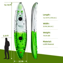 Danolapsi Fishing Kayaks,Hard Shell Recreational Ocean Kayak Boat,12.14FT Sit On Top Kayak For 2-3 Person Adults With Paddle & Comfortable Seat,Capacity Of 600LBS - Green - View 2