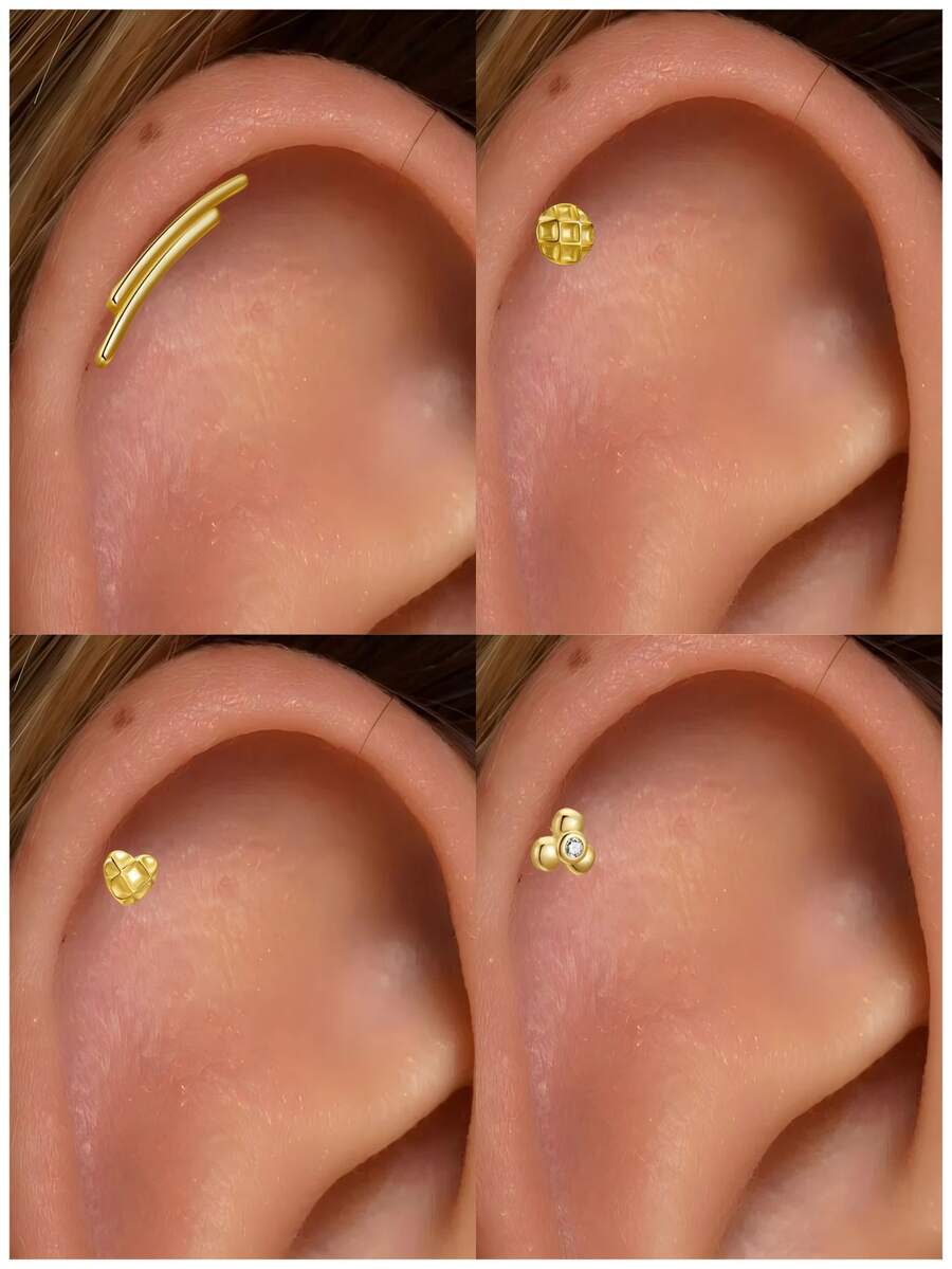 1Pc S925 Sterling Silver Asymmetrical Hypoallergenic Helix Piercing, Threaded Flat Back Stud Earrings, Hidden Rook/Cartilage/Conch/Tragus Mini Earring - Yellow Gold - View 1