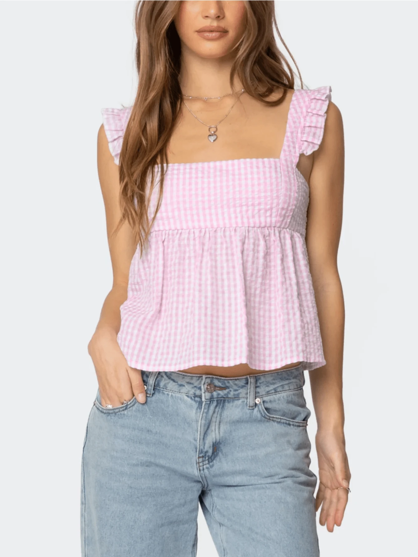 Women Y2K Plaid Babydoll Tank Tops Ruffle Hem Straps Square Neck Loose Fit Gingham Camisole Crop Tops Summer Backless Sleeveless Vests Shirts Cute Going Out Tops Vintage Aesthetic Clothes Streetwear - Hồng - Xem 1