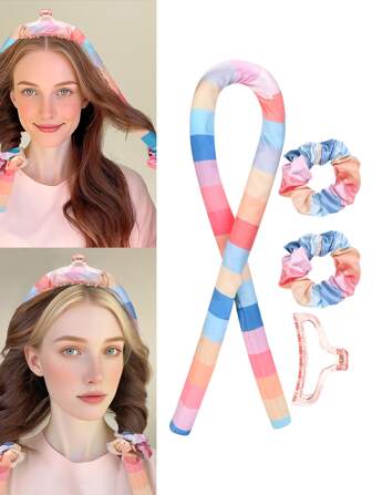 No-Heat Hair Curler With Headband, Soft Ribbon Hair Curler, Hair Clip, Slouchy Natural Wavy DIY Hairstyling Tool, Suitable For Overnight Sleep
