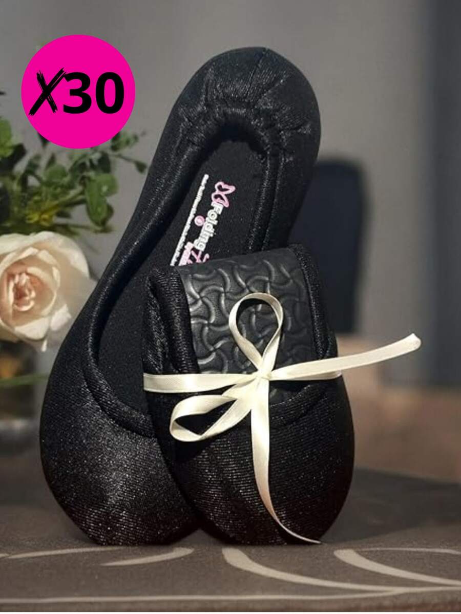 30 PARES/PAQUETE PANTUFLAS FOLDING FLATS "NEGRO SATINADO" PARA BODA XV AÑOS EVENTOS RECUERDOS "FUERA TACONES BAILAR" SAT1 BASIC - Negro - Ver 1
