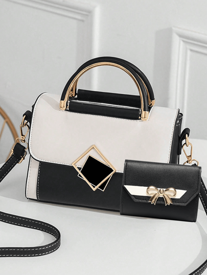1pc/2pcs Fashion Contrast Color PU Handbag, Elegant Shoulder Bag, Sweet Bowknot Wallet For Women, Adjustable Strap Suitable For Daily Use, Hand-Held, Shoulder, Cross-Body, Versatile