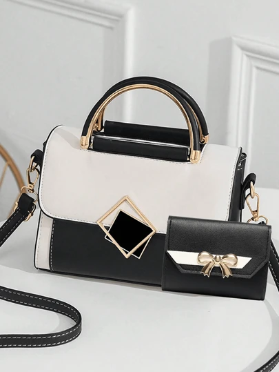 1pc/2pcs Fashion Contrast Color PU Handbag, Elegant Shoulder Bag, Sweet Bowknot Wallet For Women, Adjustable Strap Suitable For Daily Use, Hand-Held, Shoulder, Cross-Body, Versatile