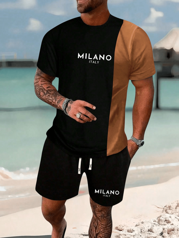Conjunto de 2 piezas de camiseta de manga corta y pantalones cortos de parches para hombre, con estampado de letras personalizadas de color contrastante, informal con bolsillos y cintura con cordón, adecuado como regalo para esposo/novio, para correr, golf, pesca, baloncesto, campamento, gimnasio, natación y playa