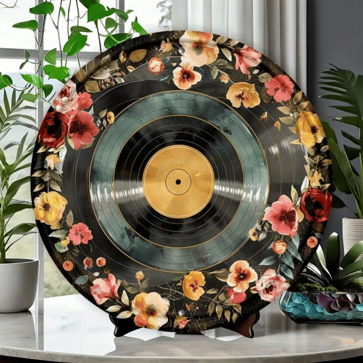 2D Flat Vintage Metal Wall Art Sign - 8x8 Inch Round Black Vinyl Record Floral Design, Retro Home Decor For Kitchen, Bedroom, Office & Holiday, Ideal Gift For Music Lovers, Durable Wall Art, Easy To Hang, Random 2D Flat Print Style - Multicolor - View 1