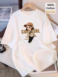 女式短袖卡通印花 T 恤，中长款休闲棉质上衣，精美印花设计 - 白色 - 查看 1