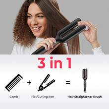 Adjustable Temperature Hair Straightening And Curling Brush, 2-In-1 Straight And Curling Iron - EU C Type Plug(220-240V) - View 2