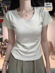 女士短袖T恤，露脐短款上衣，修身纯色打底衫 - 灰色 - 查看 2