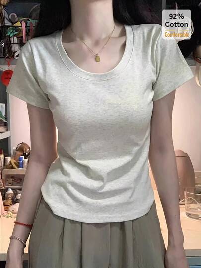 반팔 티셔츠, 크롭탑, 슬림핏 솔리드 컬러 베이스 레이어 여성용 티셔츠